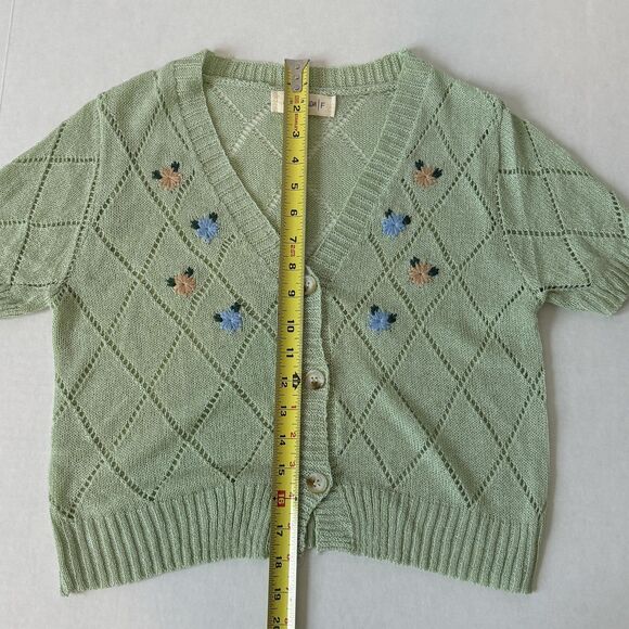 Hers Denim Sweater Womens Small Short Sleeve Knit Cropped Floral Cardigan Top - Picture 5 of 6